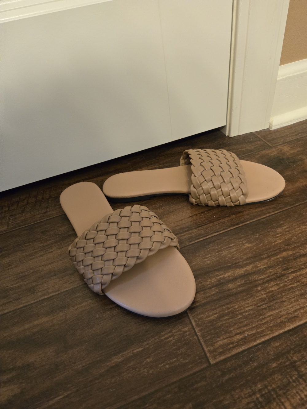 Woven Slide Sandals in Taupe - Women's Slip-On Comfort